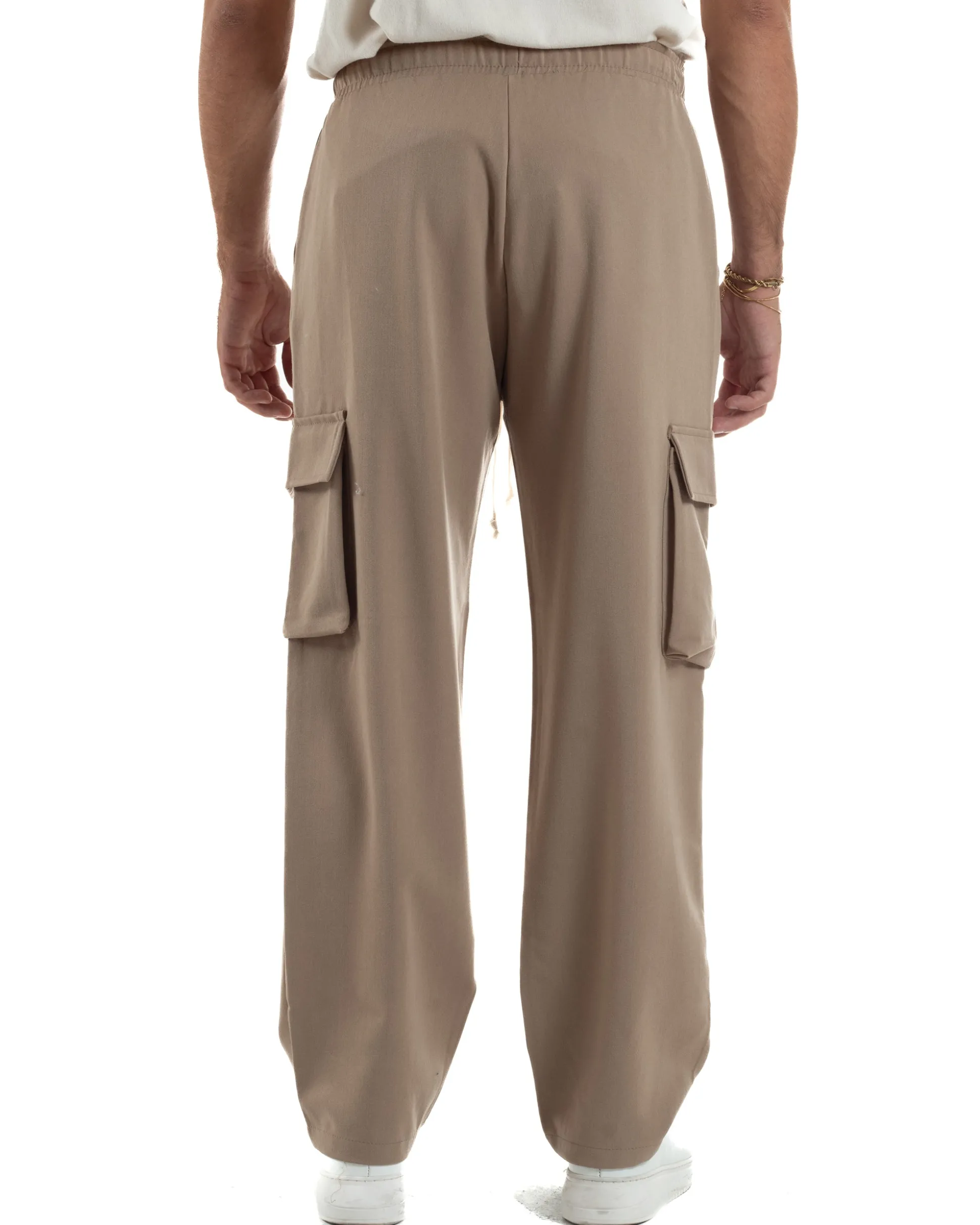 Pantaloni Uomo Viscosa Cargo Baggy Tinta Unita Camel P6360A
