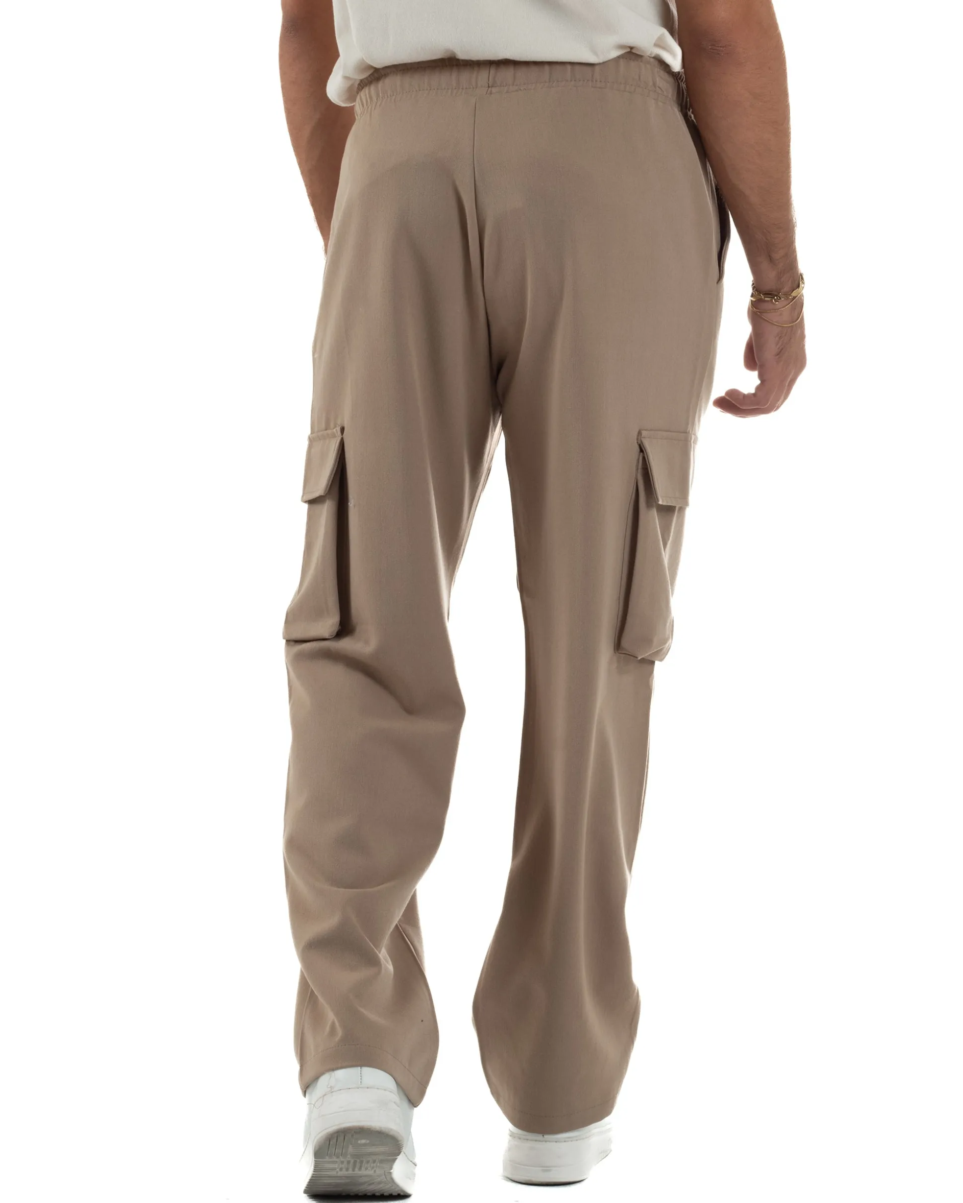 Pantaloni Uomo Viscosa Cargo Baggy Tinta Unita Camel P6360A