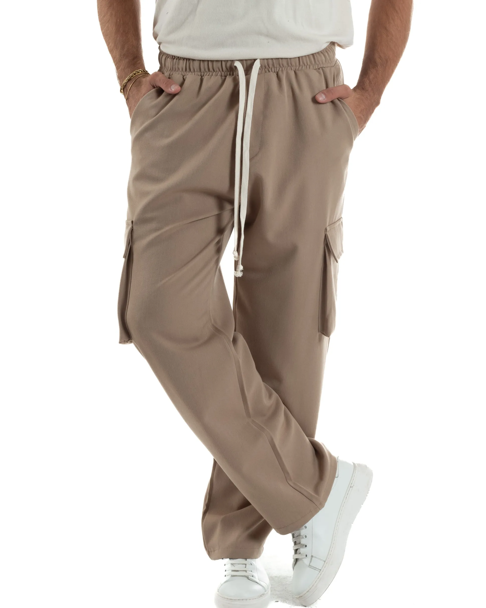 Pantaloni Uomo Viscosa Cargo Baggy Tinta Unita Camel P6360A