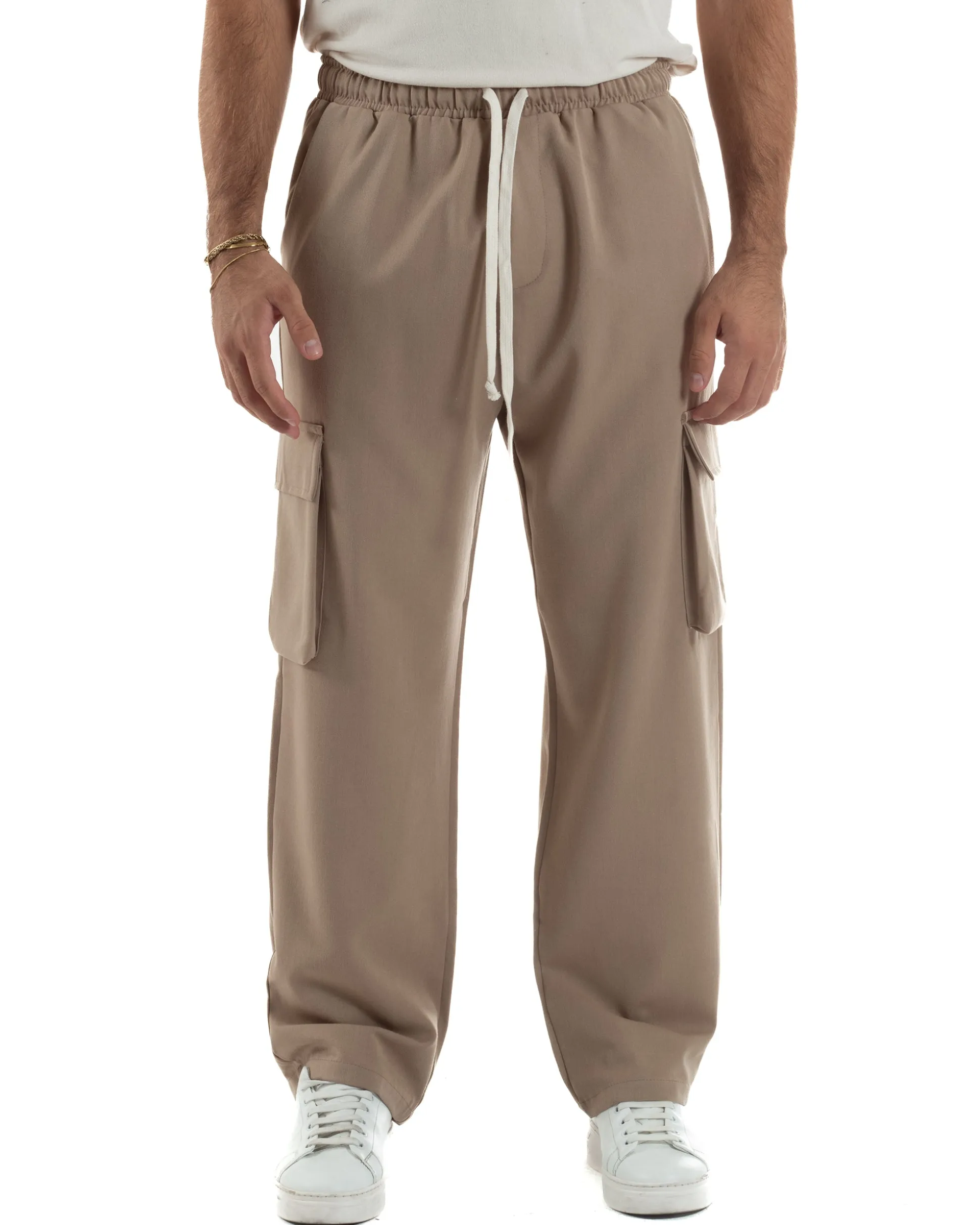 Pantaloni Uomo Viscosa Cargo Baggy Tinta Unita Camel P6360A