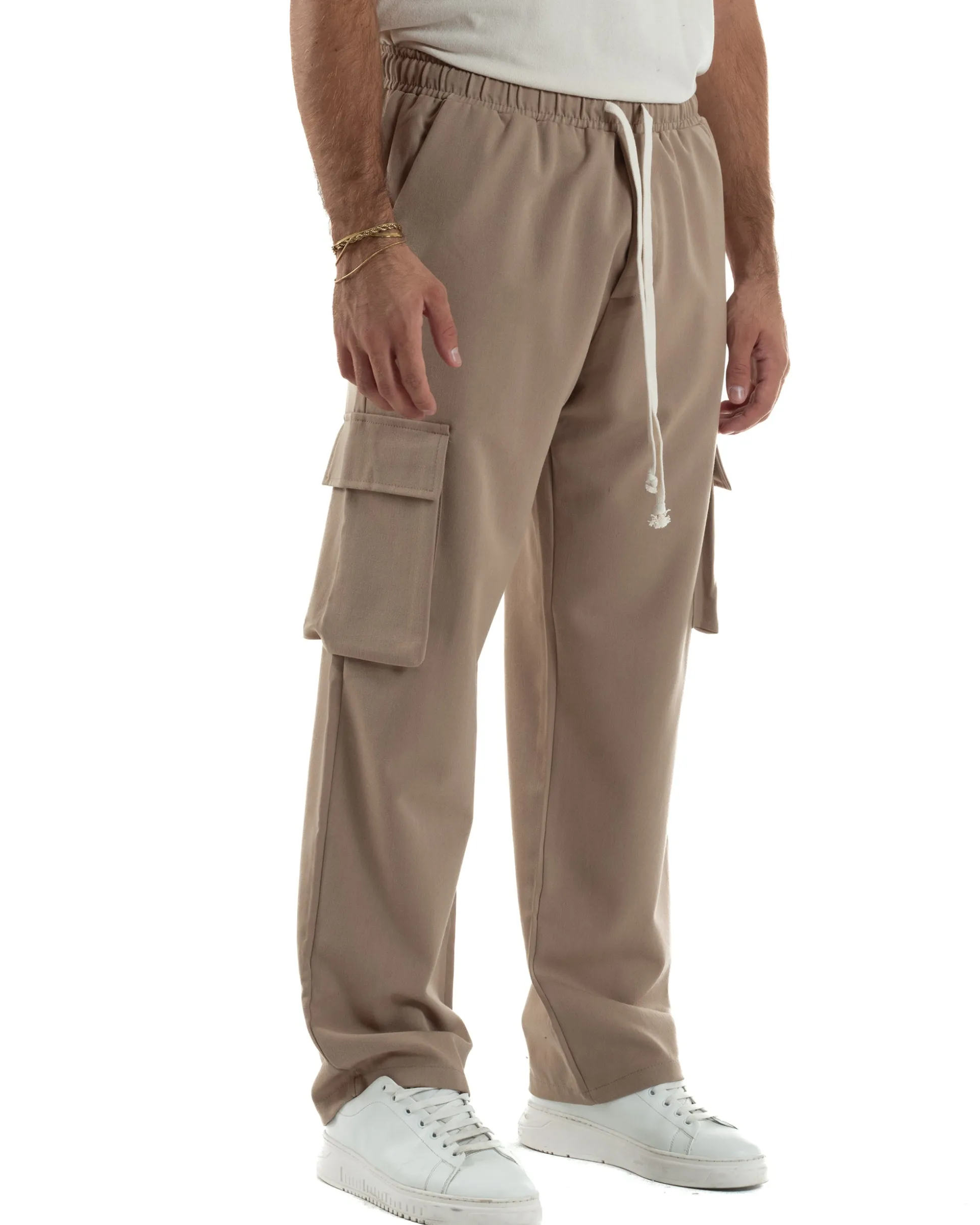 Pantaloni Uomo Viscosa Cargo Baggy Tinta Unita Camel P6360A