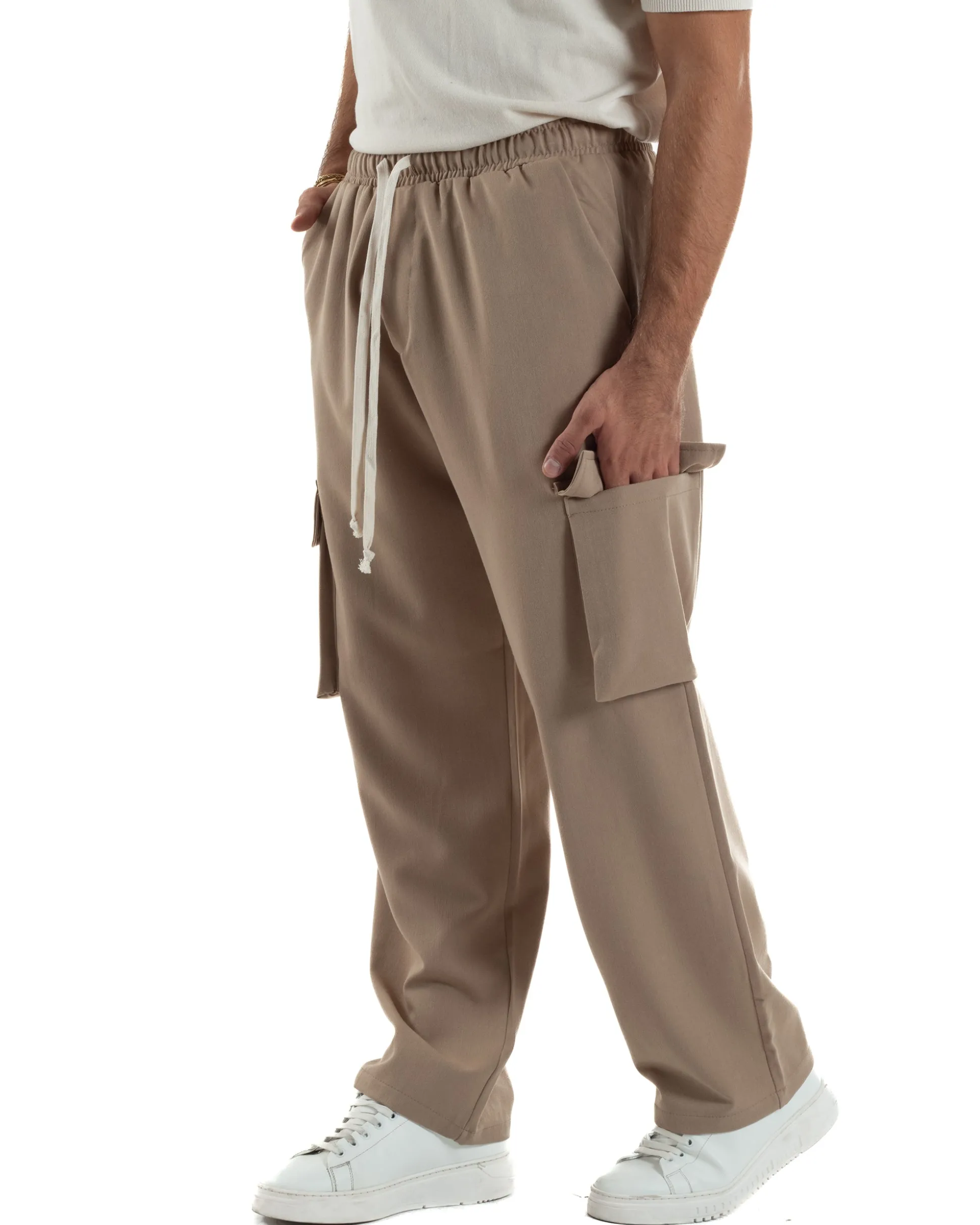 Pantaloni Uomo Viscosa Cargo Baggy Tinta Unita Camel P6360A