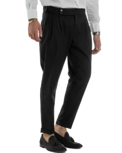 Pantaloni Uomo Viscosa Fibbia Abbottonatura Allungata Gurkha Pants Nero BlackSunday P6379A