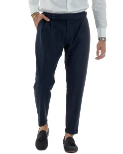 Pantaloni Uomo Viscosa Fibbia Abbottonatura Allungata Gurkha Pants Blu BlackSunday P6381A