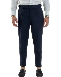 Pantaloni Uomo Viscosa Fibbia Abbottonatura Allungata Gurkha Pants Blu BlackSunday P6381A