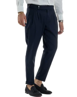 Pantaloni Uomo Viscosa Fibbia Abbottonatura Allungata Gurkha Pants Blu BlackSunday P6381A