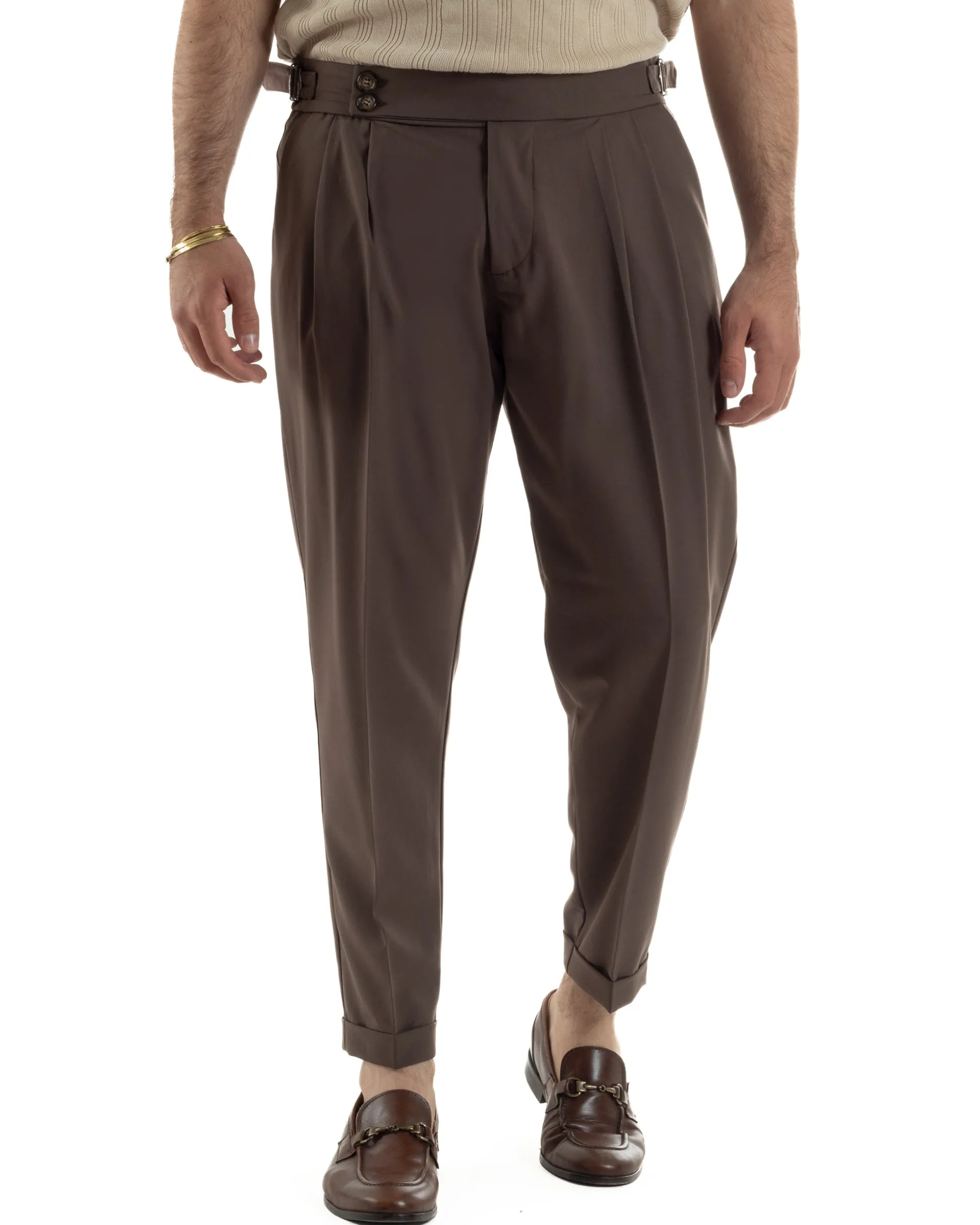 Pantaloni uomo viscosa fibbia abbottonatura allungata gurkha pants marrone BlackSunday P6496A