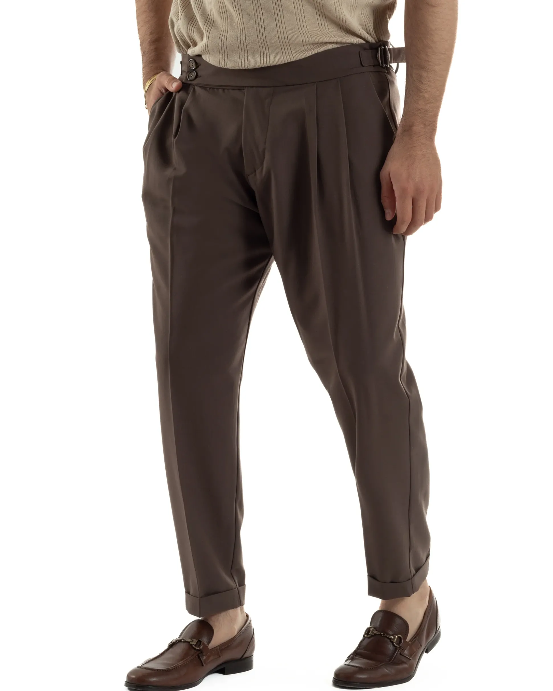 Pantaloni uomo viscosa fibbia abbottonatura allungata gurkha pants marrone BlackSunday P6496A