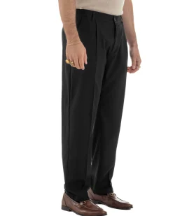 Pantaloni uomo viscosa leggero fondo largo baggy con pinces nero GIOSAL-P6471A