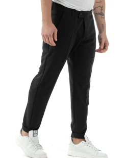 Pantaloni uomo viscosa leggera abbottonatura allungata tasche america classico nero GIOSAL-P6252A