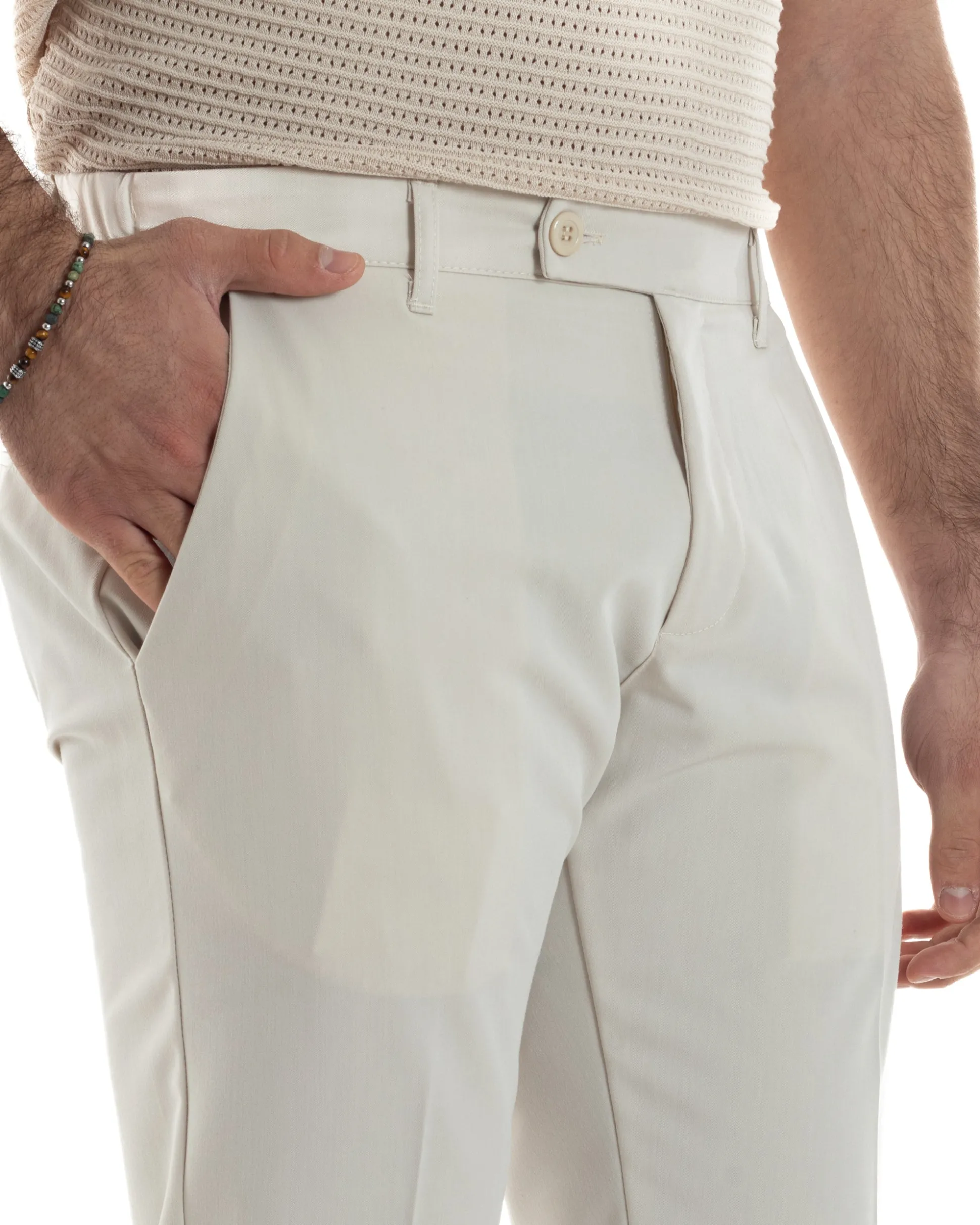 Pantaloni Uomo Viscosa Morbida Tasche America Abbottonatura Allungata Elastico Sul Retro Comodo Casual Tinta Unita Panna GIOSAL-P6217A