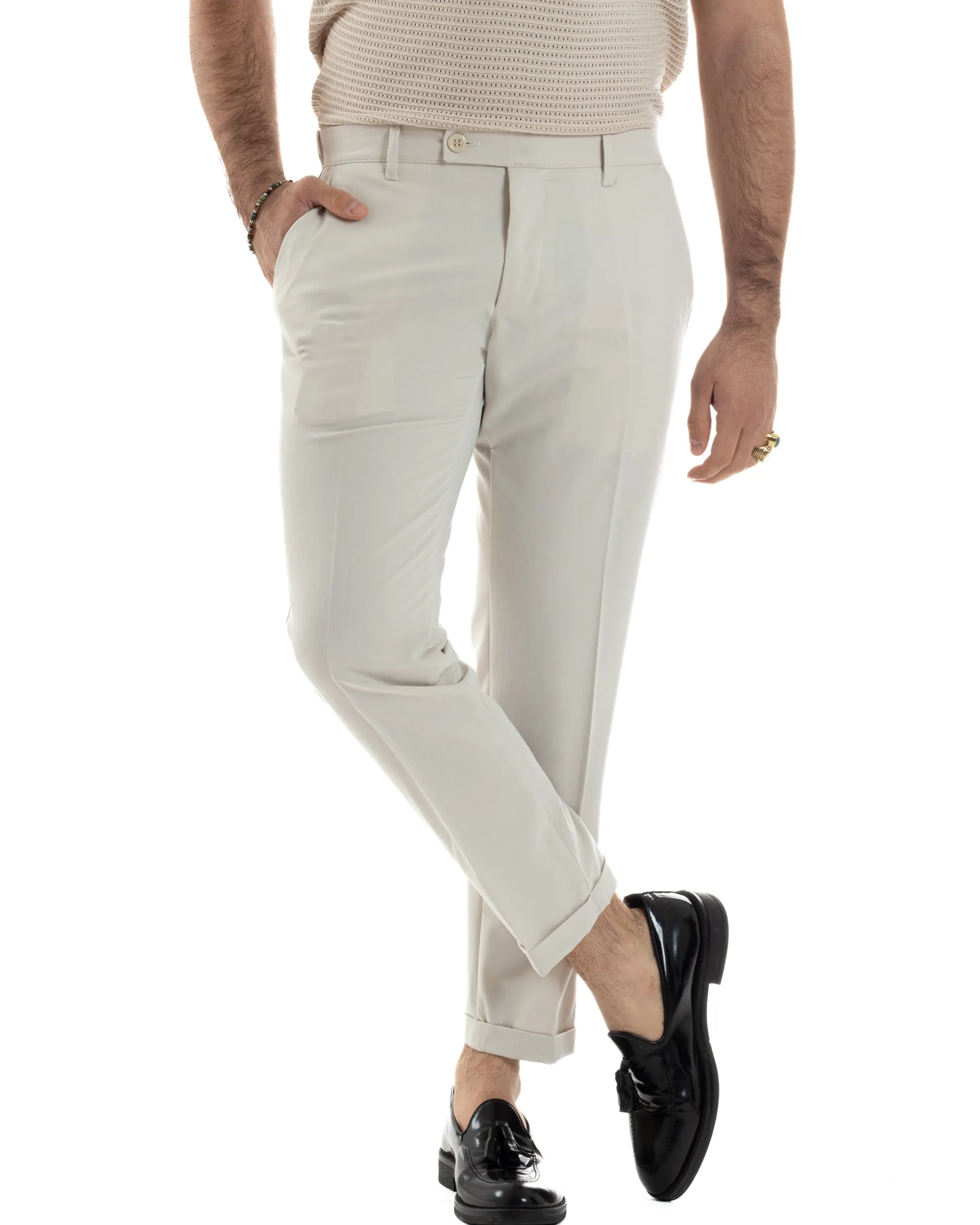 Pantaloni Uomo Viscosa Morbida Tasche America Abbottonatura Allungata Elastico Sul Retro Comodo Casual Tinta Unita Panna GIOSAL-P6217A