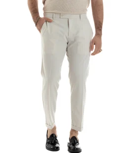 Pantaloni Uomo Viscosa Morbida Tasche America Abbottonatura Allungata Elastico Sul Retro Comodo Casual Tinta Unita Panna GIOSAL-P6217A