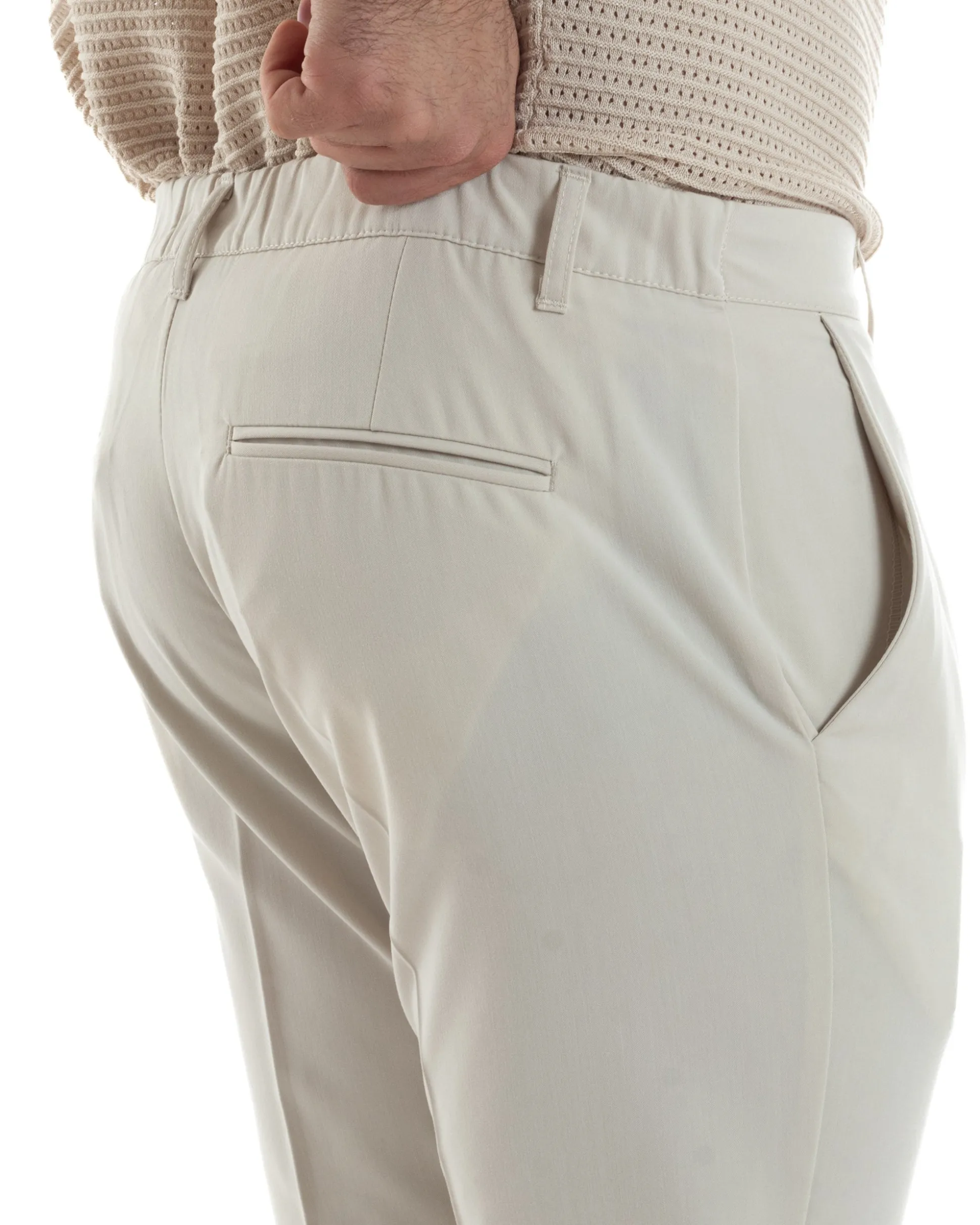 Pantaloni Uomo Viscosa Morbida Tasche America Abbottonatura Allungata Elastico Sul Retro Comodo Casual Tinta Unita Panna GIOSAL-P6217A