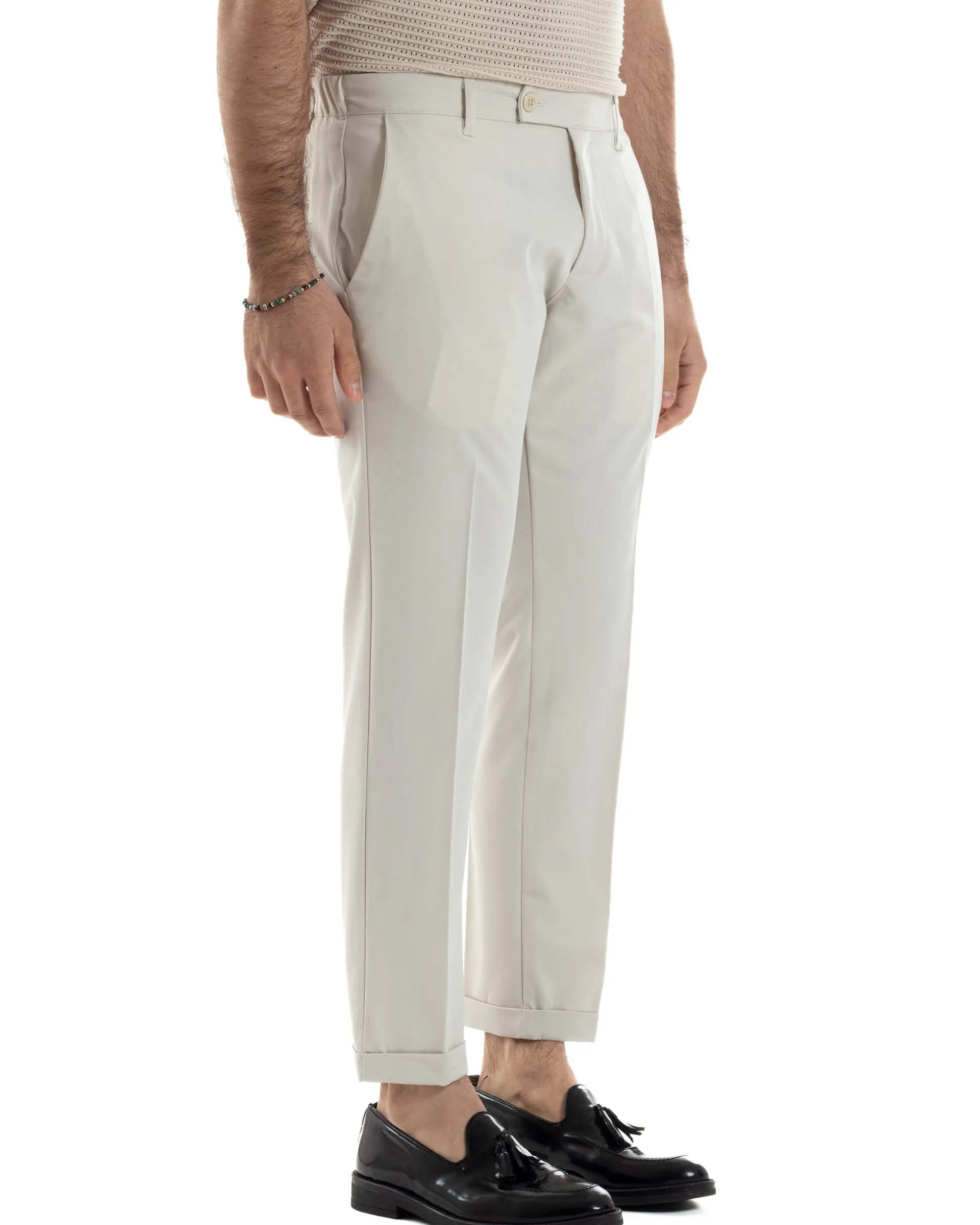 Pantaloni Uomo Viscosa Morbida Tasche America Abbottonatura Allungata Elastico Sul Retro Comodo Casual Tinta Unita Panna GIOSAL-P6217A