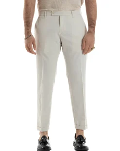 Pantaloni Uomo Viscosa Morbida Tasche America Abbottonatura Allungata Elastico Sul Retro Comodo Casual Tinta Unita Panna GIOSAL-P6217A