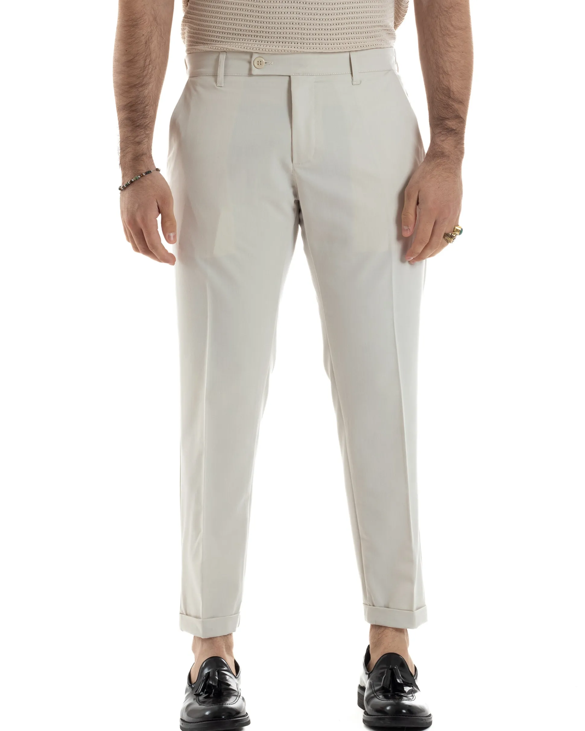 Pantaloni Uomo Viscosa Morbida Tasche America Abbottonatura Allungata Elastico Sul Retro Comodo Casual Tinta Unita Panna GIOSAL-P6217A