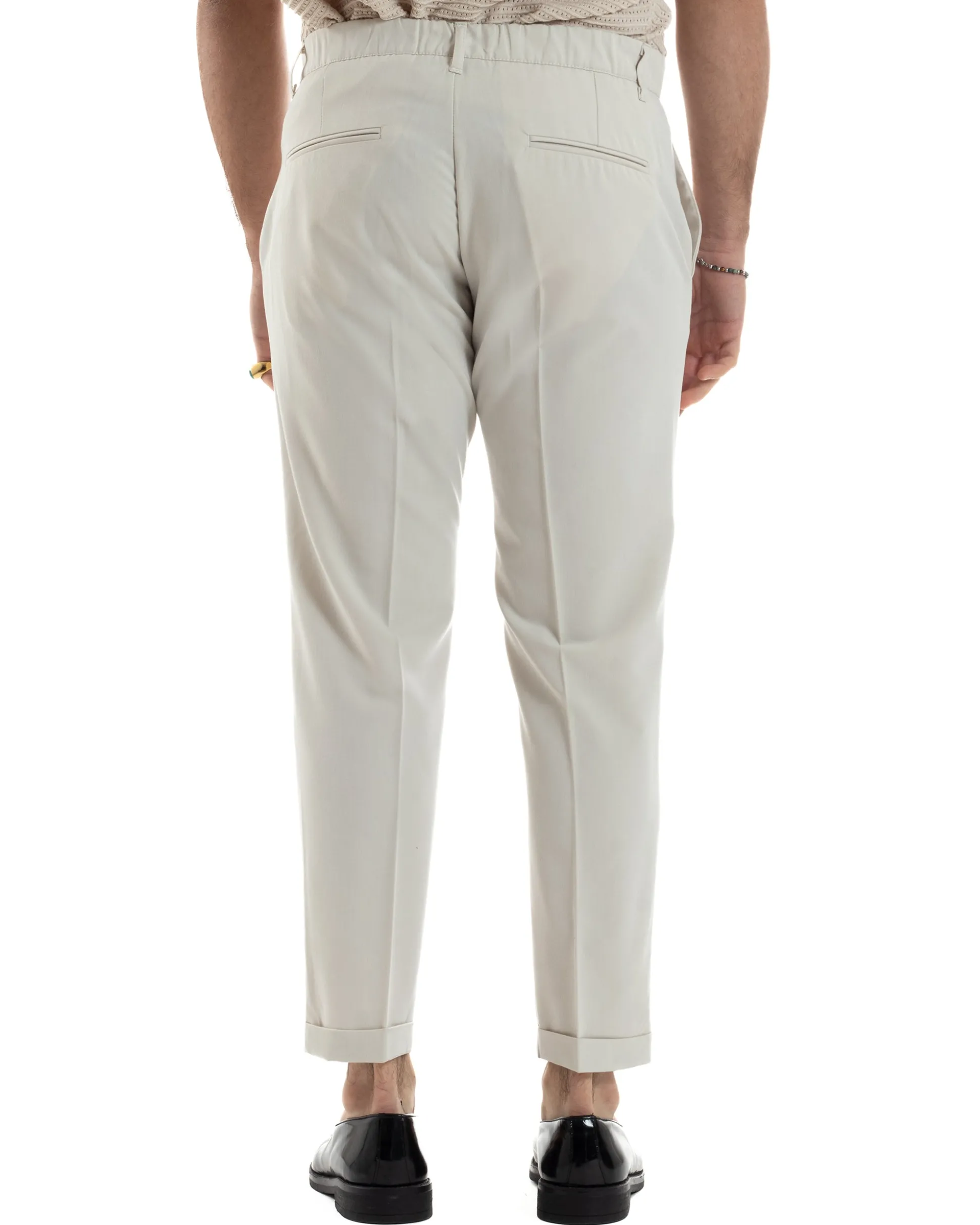 Pantaloni Uomo Viscosa Morbida Tasche America Abbottonatura Allungata Elastico Sul Retro Comodo Casual Tinta Unita Panna GIOSAL-P6217A