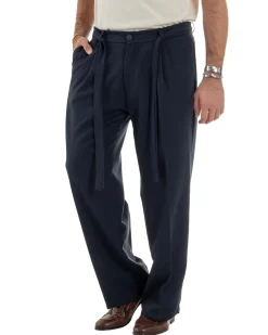 Pantaloni Uomo Viscosa Palazzo Fondo Ampio Cintura Baggy Blu P6401A