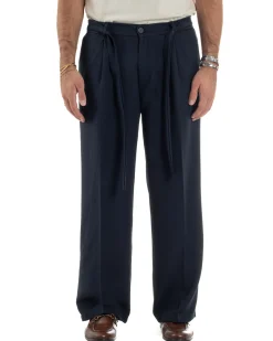 Pantaloni Uomo Viscosa Palazzo Fondo Ampio Cintura Baggy Blu P6401A