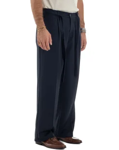Pantaloni Uomo Viscosa Palazzo Fondo Ampio Cintura Baggy Blu P6401A