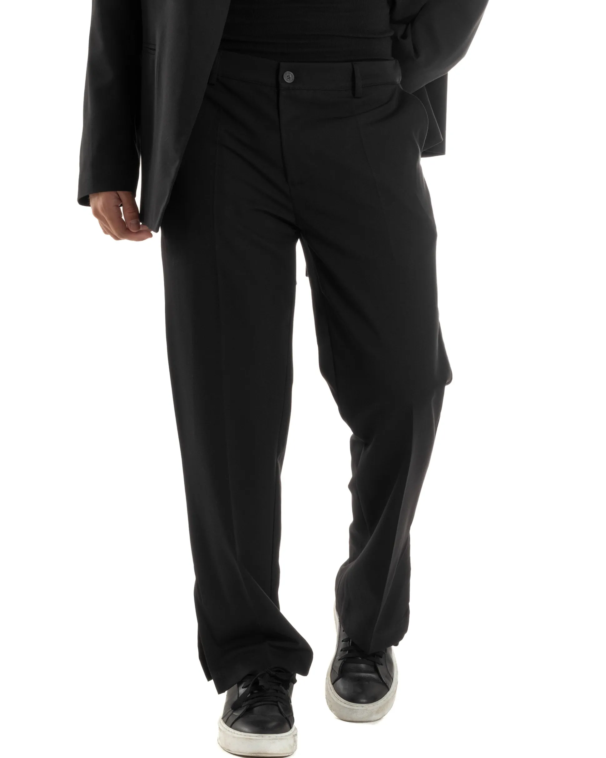Pantaloni Uomo Viscosa Palazzo Gamba Larga Spacchi Al Fondo Ampio Jogger Comodo Casual Tinta Unita Nero GIOSAL-P6297A