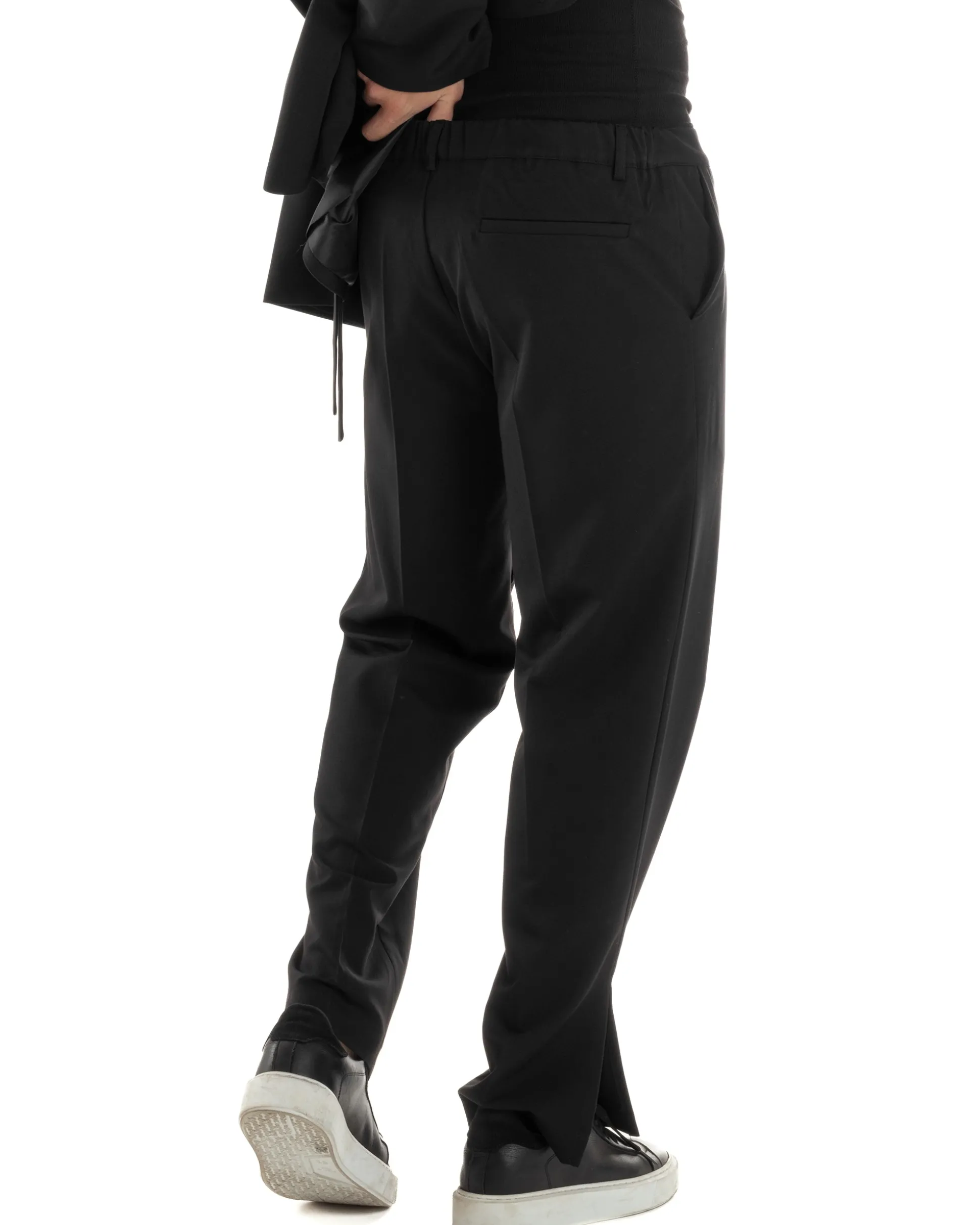 Pantaloni Uomo Viscosa Palazzo Gamba Larga Spacchi Al Fondo Ampio Jogger Comodo Casual Tinta Unita Nero GIOSAL-P6297A