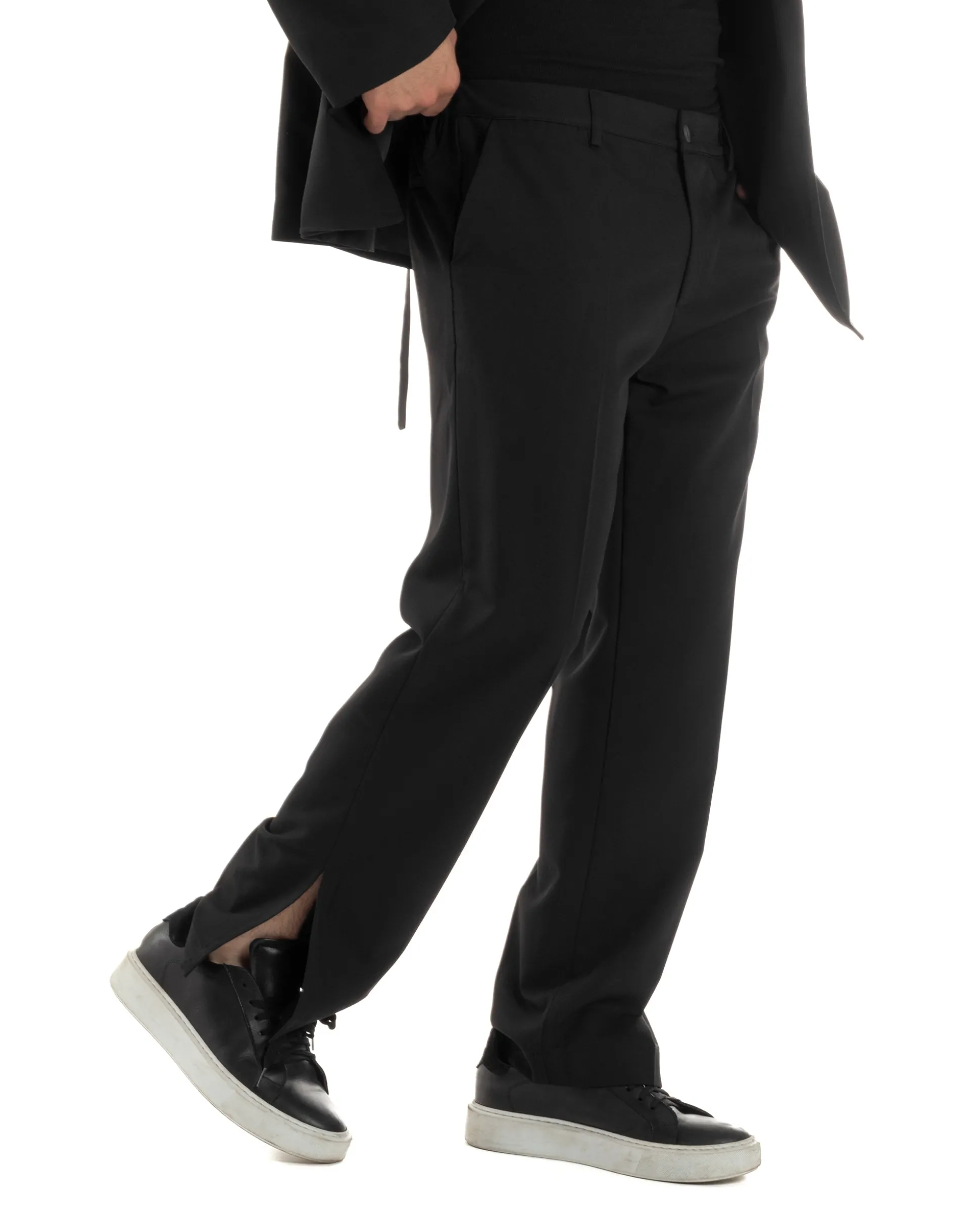 Pantaloni Uomo Viscosa Palazzo Gamba Larga Spacchi Al Fondo Ampio Jogger Comodo Casual Tinta Unita Nero GIOSAL-P6297A