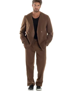Pantaloni Uomo Viscosa Palazzo Gamba Larga Spacchi Al Fondo Ampio Jogger Comodo Casual Tinta Unita Marrone GIOSAL-P6296A