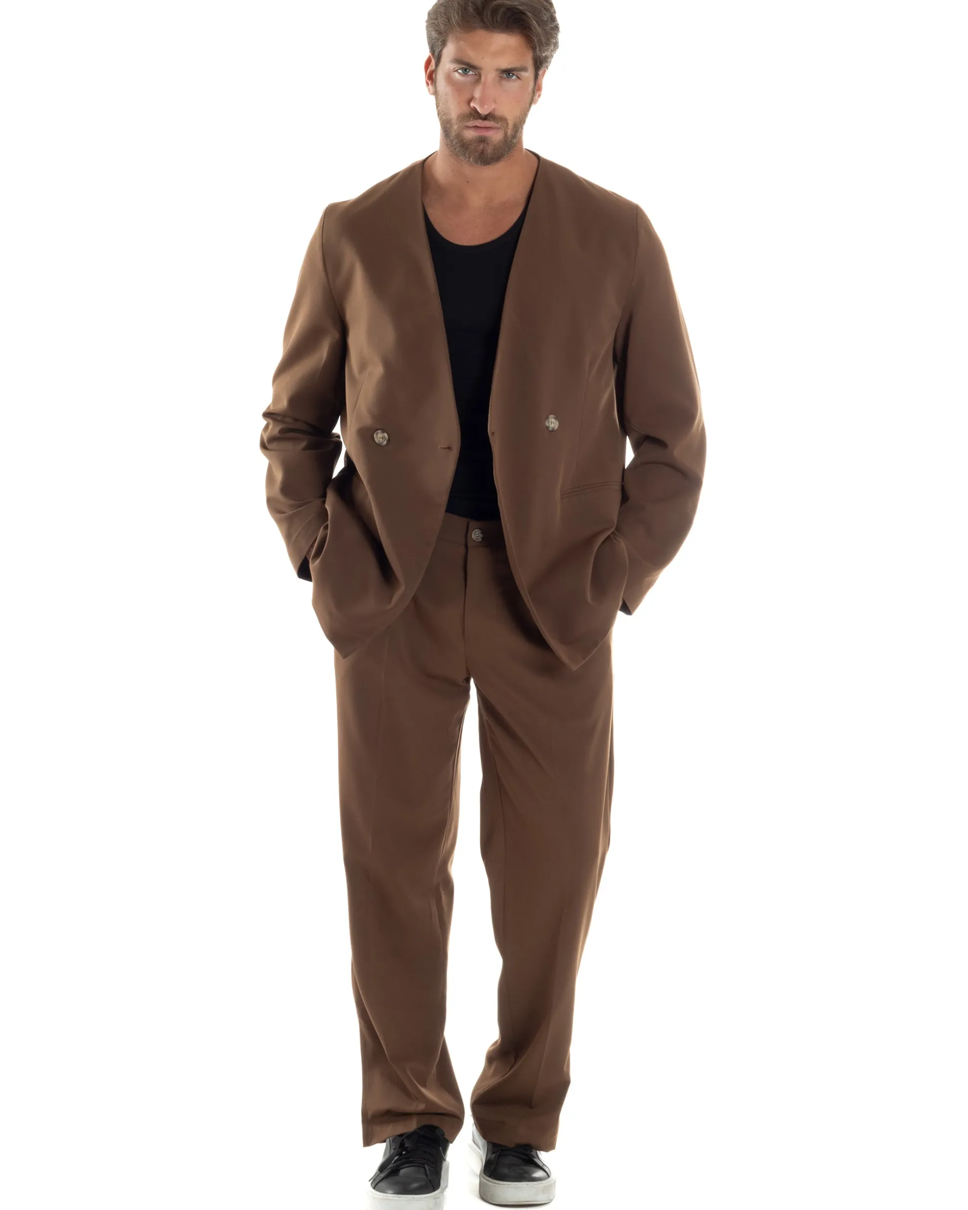 Pantaloni Uomo Viscosa Palazzo Gamba Larga Spacchi Al Fondo Ampio Jogger Comodo Casual Tinta Unita Marrone GIOSAL-P6296A