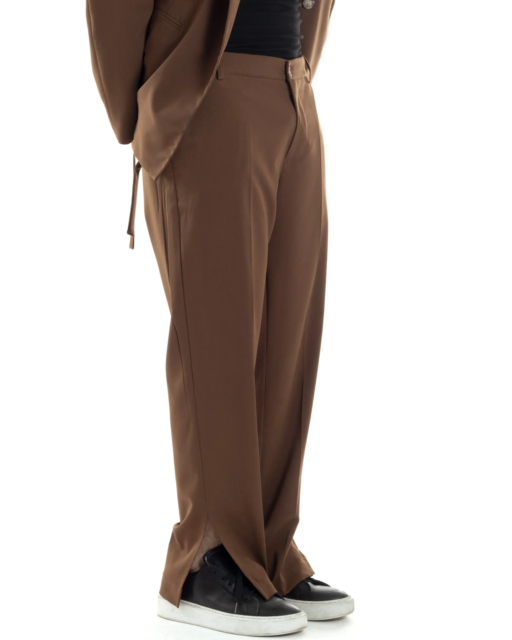 Pantaloni Uomo Viscosa Palazzo Gamba Larga Spacchi Al Fondo Ampio Jogger Comodo Casual Tinta Unita Marrone GIOSAL-P6296A