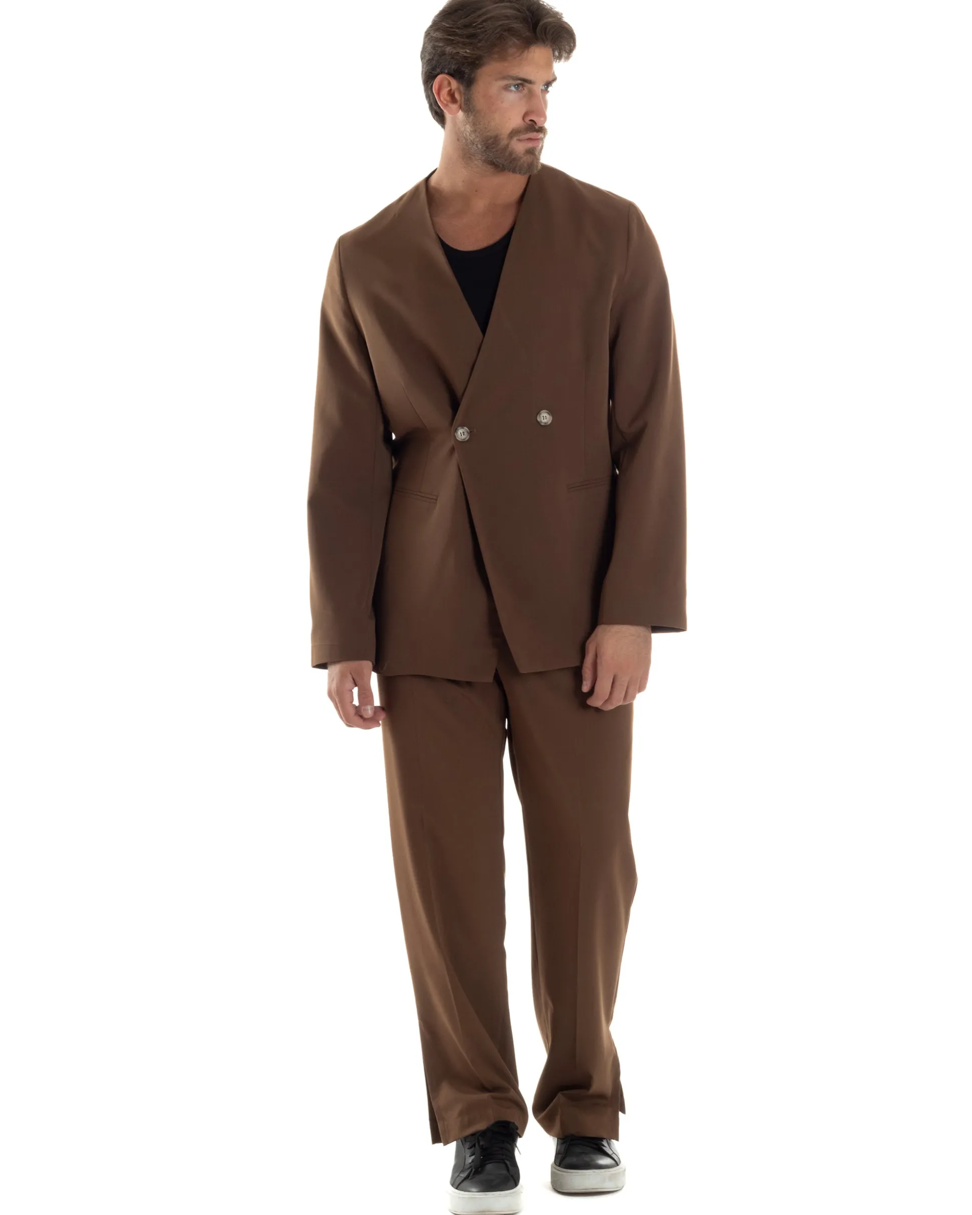 Pantaloni Uomo Viscosa Palazzo Gamba Larga Spacchi Al Fondo Ampio Jogger Comodo Casual Tinta Unita Marrone GIOSAL-P6296A