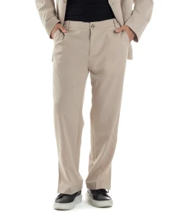 Pantaloni Uomo Viscosa Palazzo Gamba Larga Spacchi Al Fondo Ampio Jogger Comodo Casual Tinta Unita Beige GIOSAL-P6295A