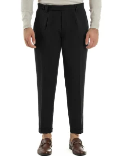 Pantaloni Uomo Viscosa Pinces Classico Abbottonatura Allungata Nero P6396A