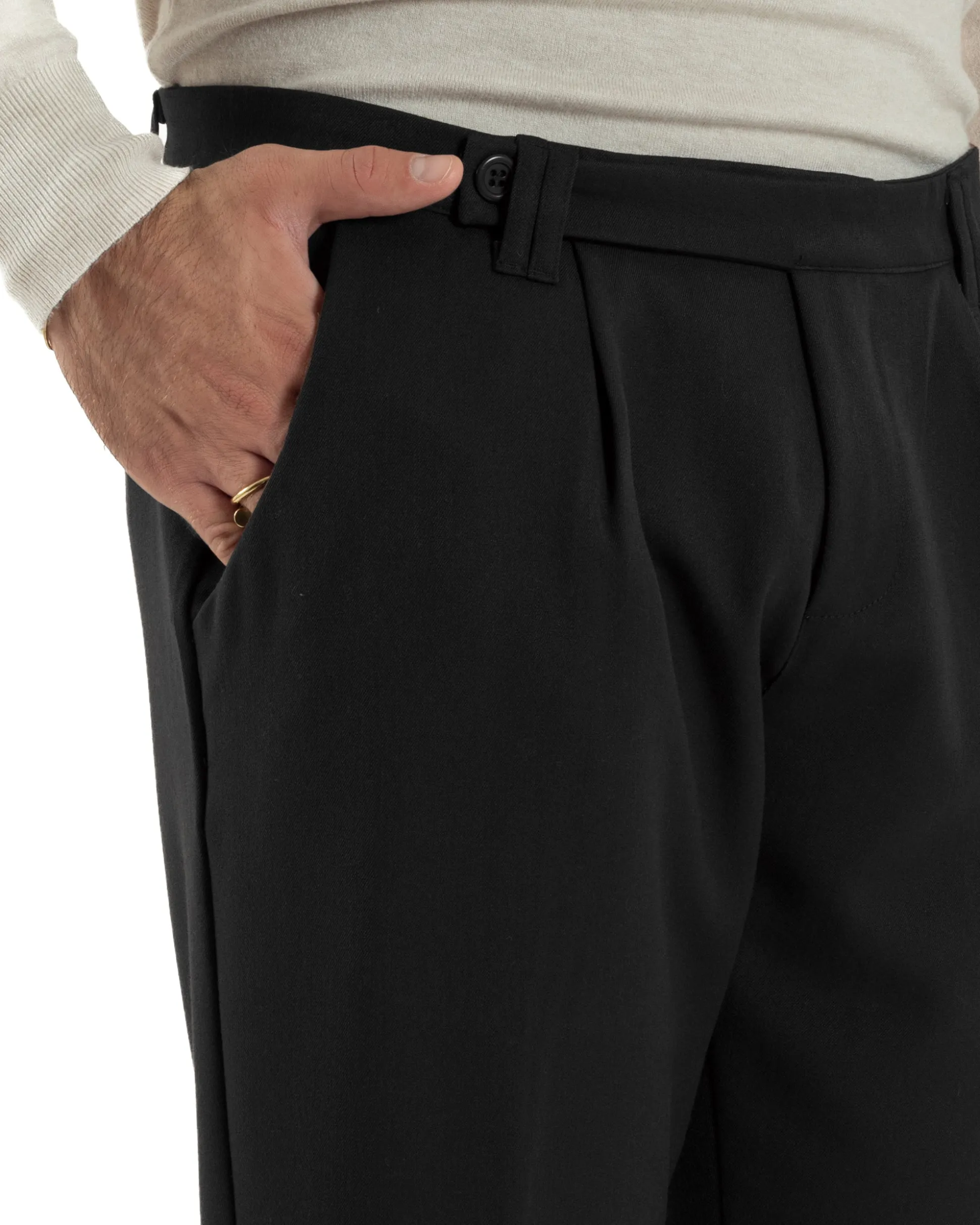 Pantaloni Uomo Viscosa Pinces Classico Abbottonatura Allungata Nero P6396A
