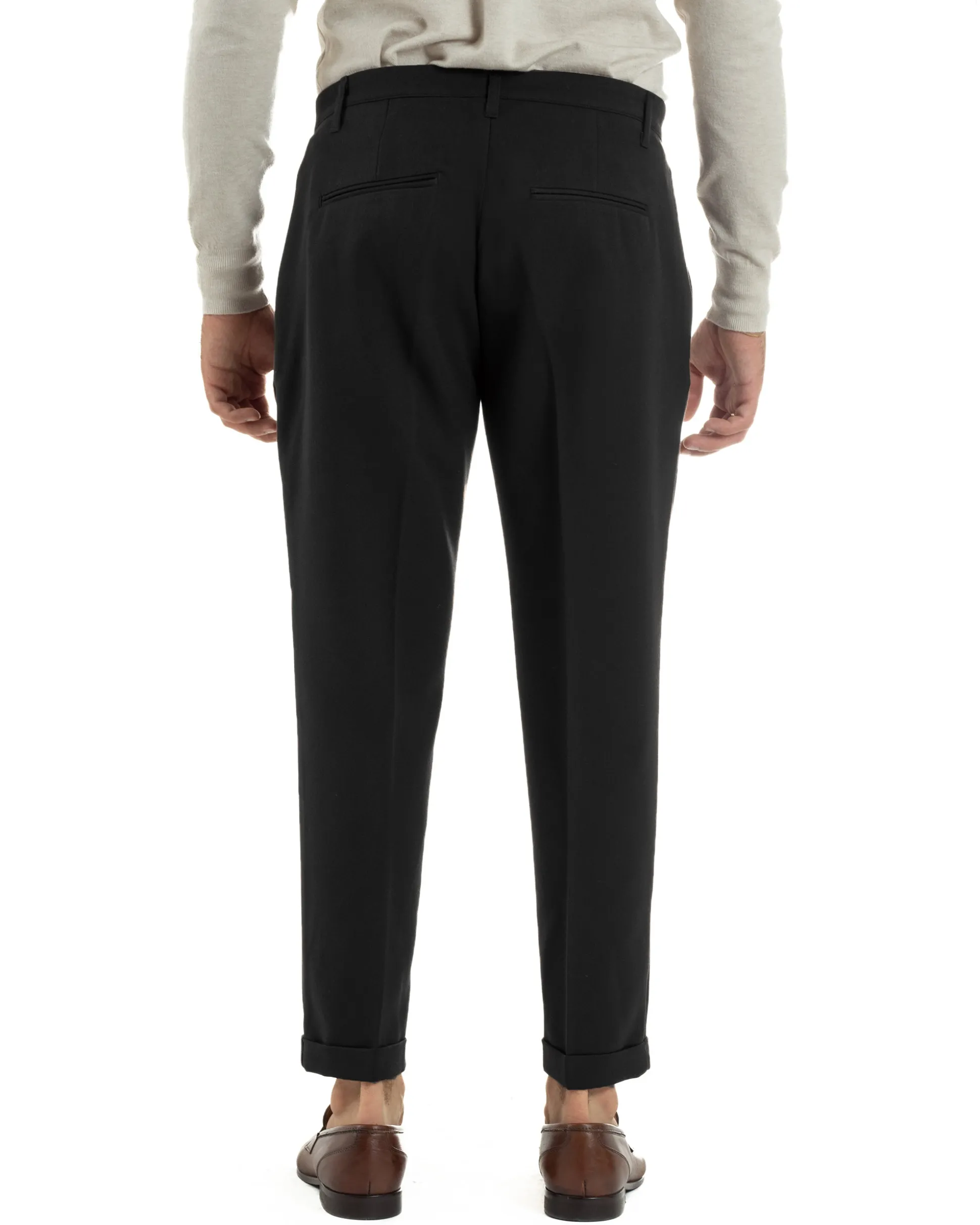 Pantaloni Uomo Viscosa Pinces Classico Abbottonatura Allungata Nero P6396A
