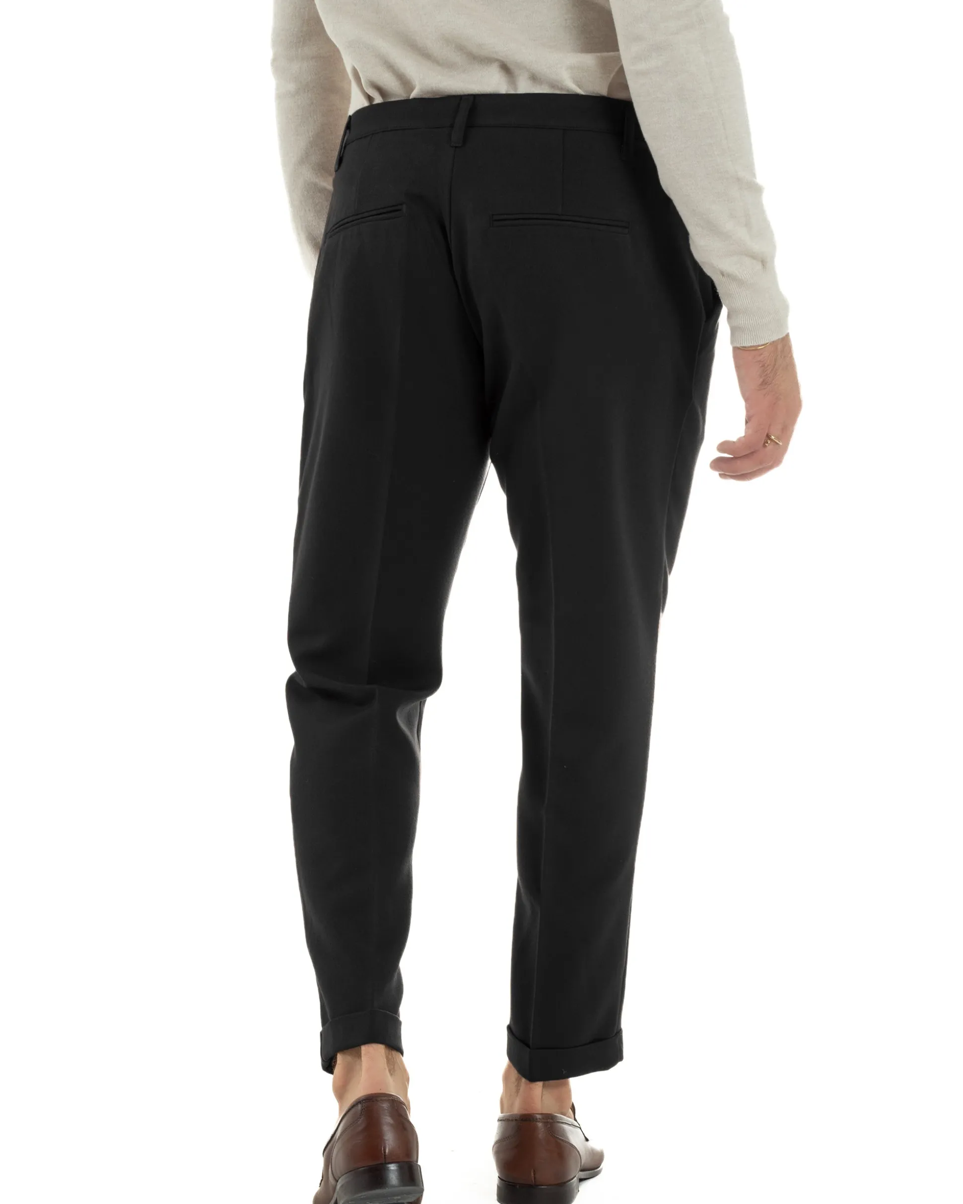 Pantaloni Uomo Viscosa Pinces Classico Abbottonatura Allungata Nero P6396A