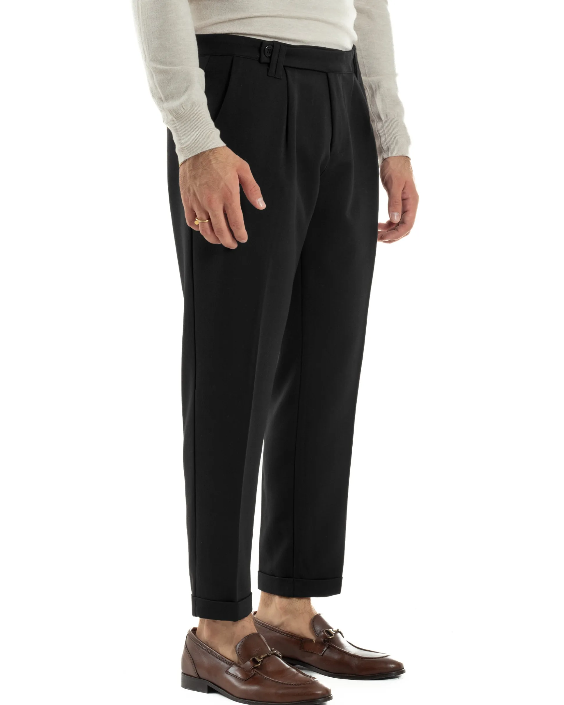 Pantaloni Uomo Viscosa Pinces Classico Abbottonatura Allungata Nero P6396A