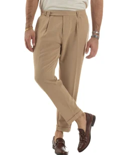 Pantaloni Uomo Viscosa Pinces Classico Abbottonatura Allungata Beige P6397A