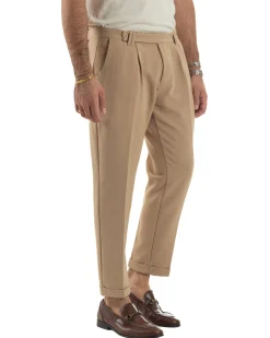 Pantaloni Uomo Viscosa Pinces Classico Abbottonatura Allungata Beige P6397A