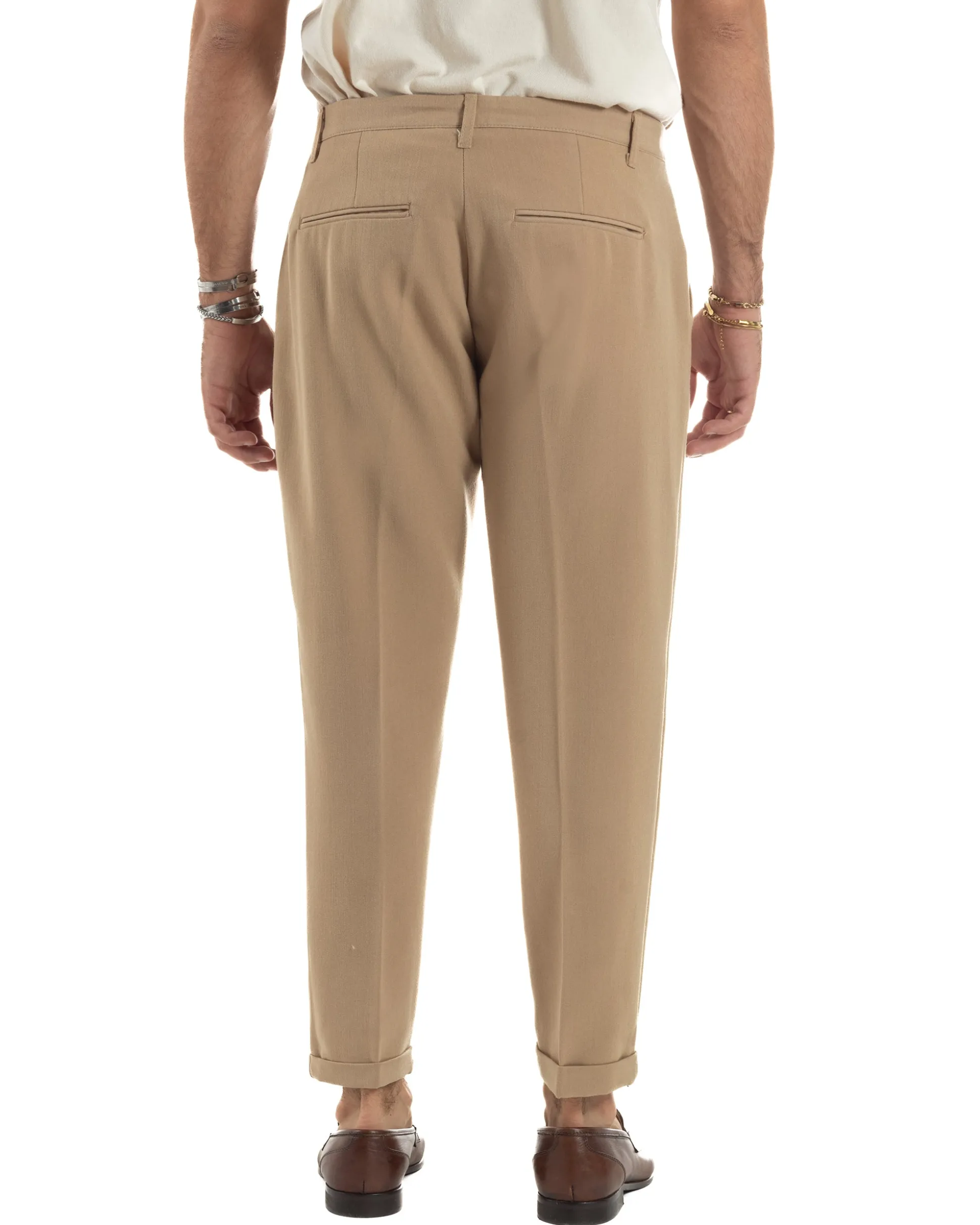 Pantaloni Uomo Viscosa Pinces Classico Abbottonatura Allungata Beige P6397A