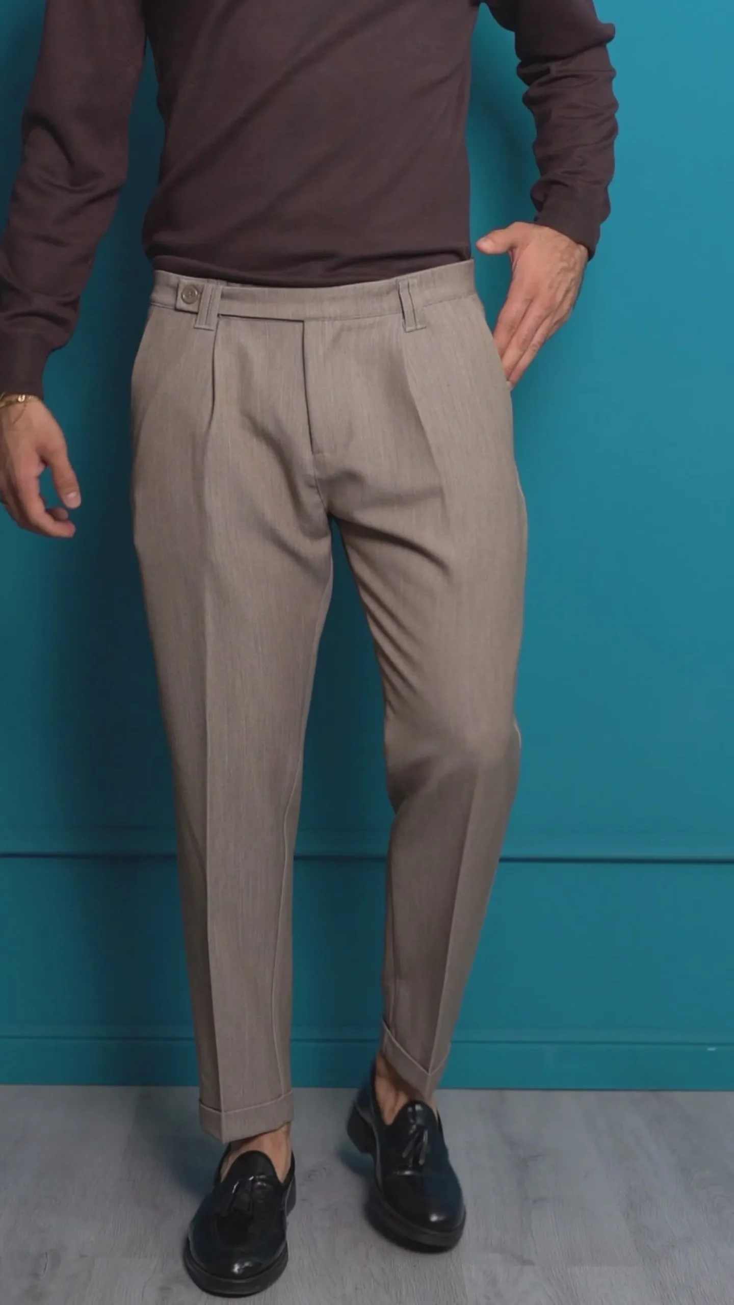 Pantaloni Uomo Viscosa Pinces Classico Abbottonatura Allungata Beige P6397A