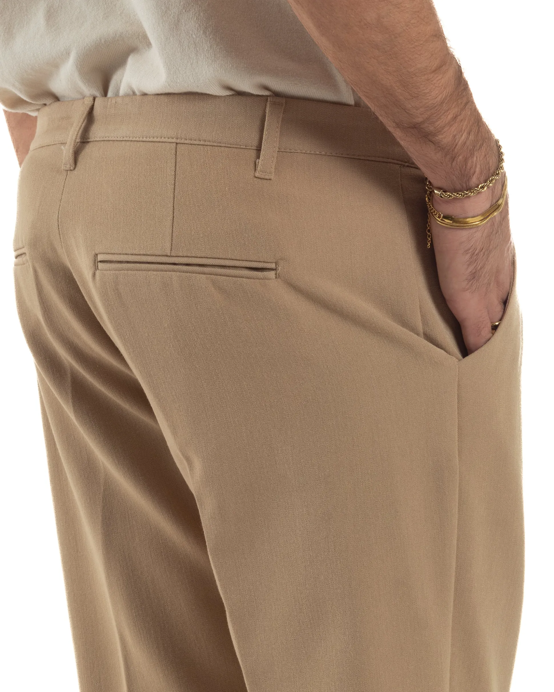 Pantaloni Uomo Viscosa Pinces Classico Abbottonatura Allungata Beige P6397A