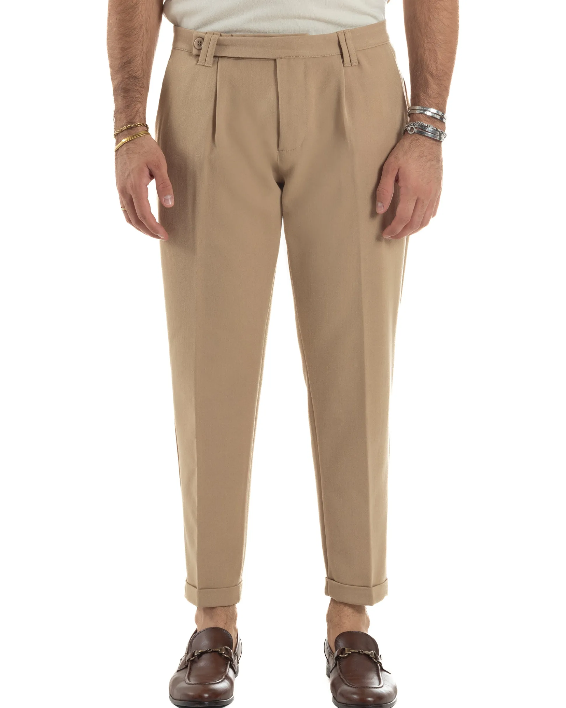 Pantaloni Uomo Viscosa Pinces Classico Abbottonatura Allungata Beige P6397A