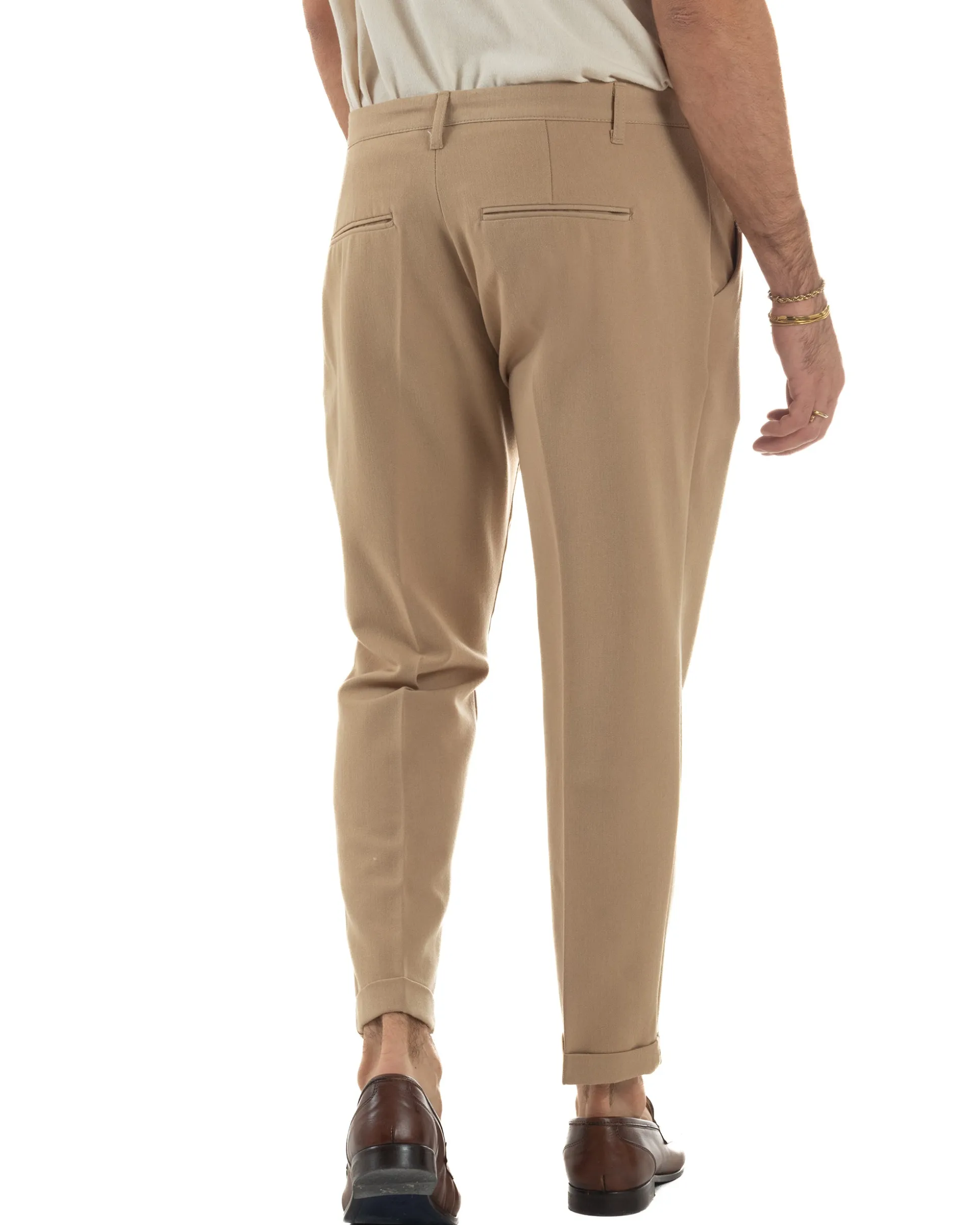 Pantaloni Uomo Viscosa Pinces Classico Abbottonatura Allungata Beige P6397A