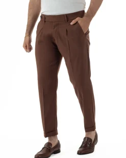 Pantaloni uomo viscosa pinces classico abbottonatura allungata estivo marrone GIOSAL-P6455A