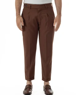 Pantaloni uomo viscosa pinces classico abbottonatura allungata estivo marrone GIOSAL-P6455A