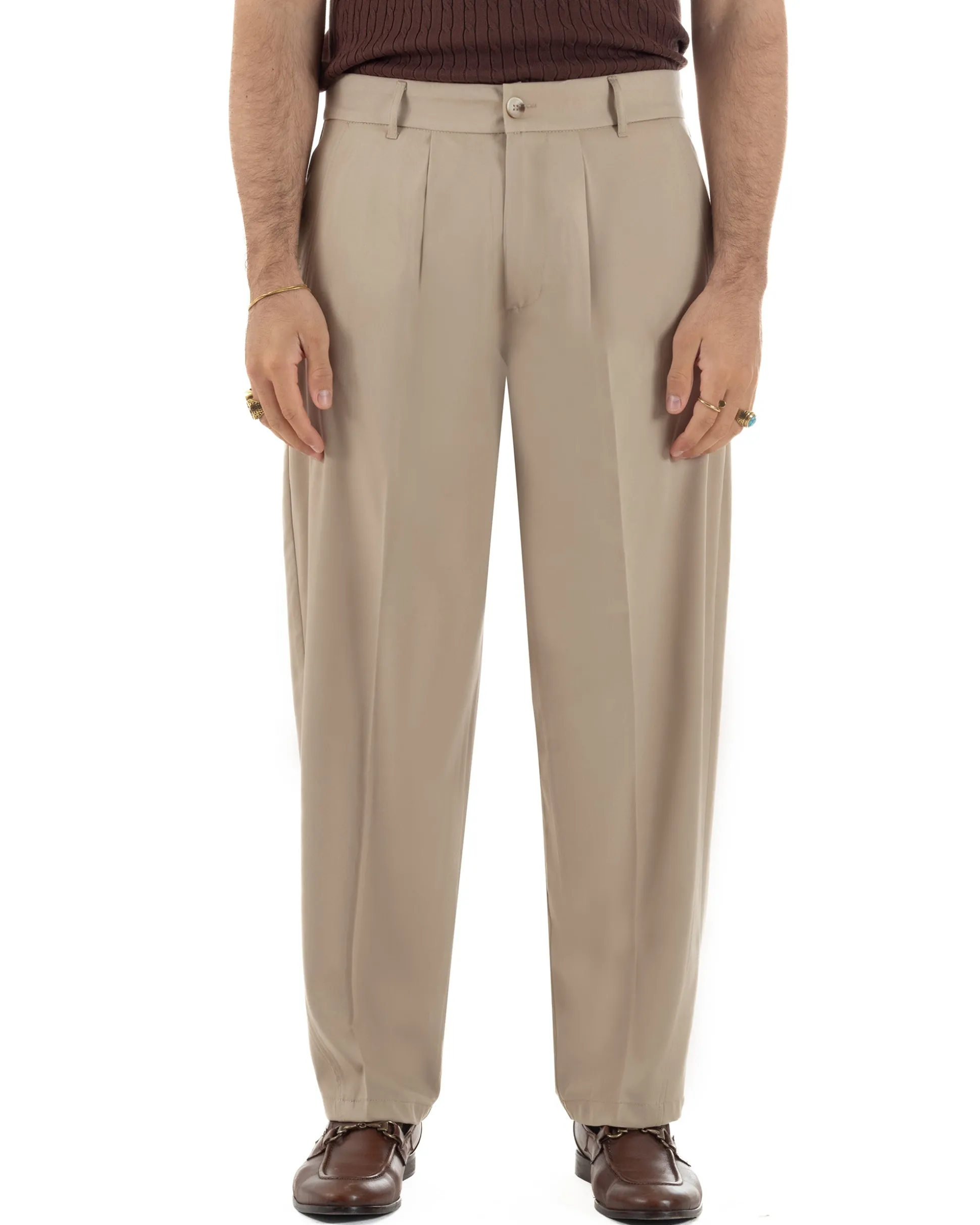 Pantaloni uomo viscosa pinces barrel fit strutturato beige GIOSAL-P6478A