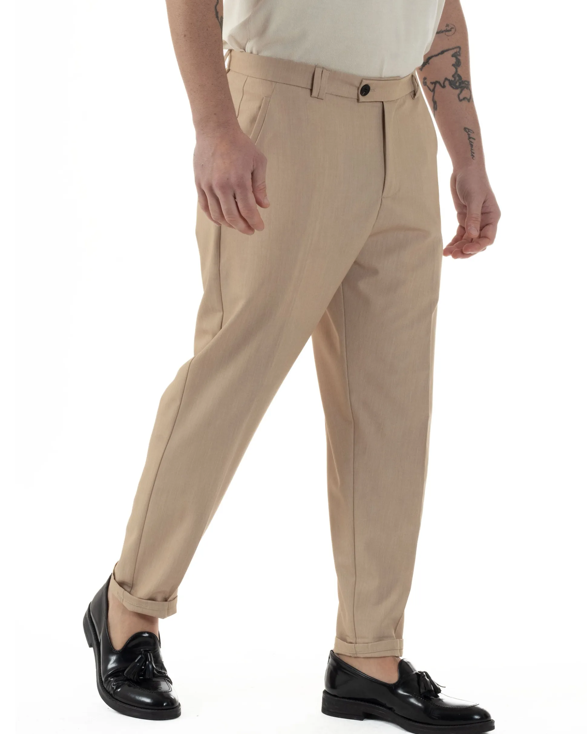 Pantaloni Uomo Viscosa Tasca America Abbottonatura Allungata Capri Sartoriale Camel GIOSAL-P6243A