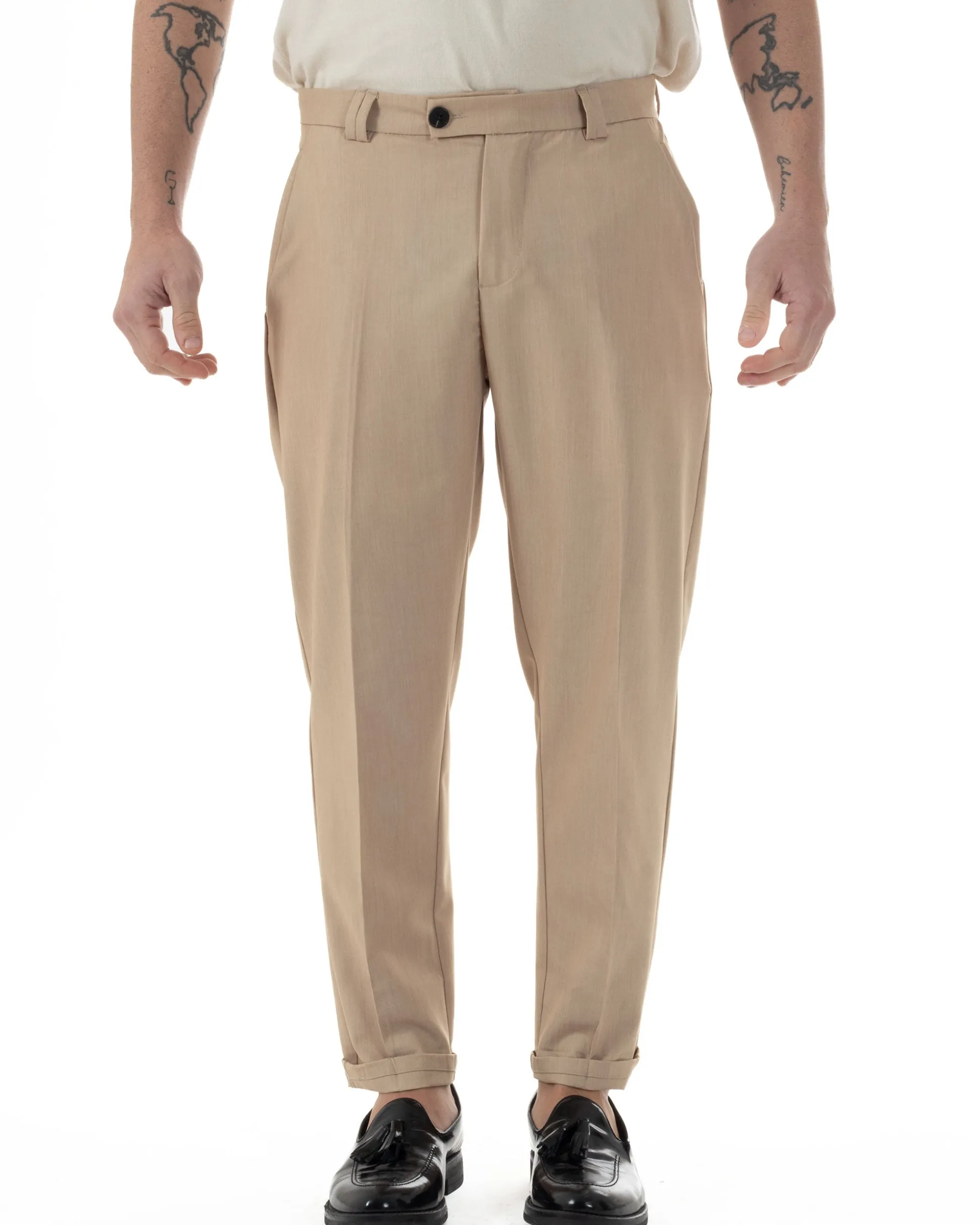 Pantaloni Uomo Viscosa Tasca America Abbottonatura Allungata Capri Sartoriale Camel GIOSAL-P6243A